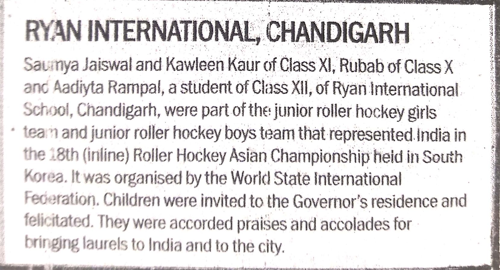 Roller Hockey was featured in The Tribune - Ryan International School, Chandigarh